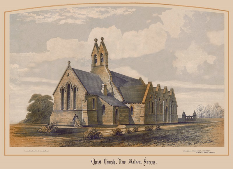 Painting of Christ Church from 1866 showing its east and north walls, looking like a church in the country
