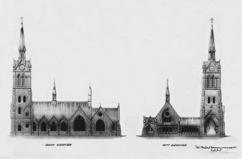 Development plan showing the church with a spired tower, with the south and west elevation illustrated 