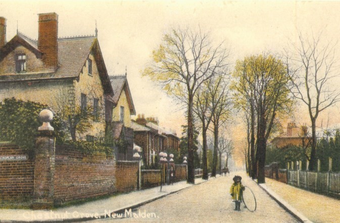 Photograph postcard of Chestnut Grove looking east from the corner with Poplar Grove; in the foreground a child is holding a hoop