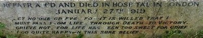 Close-up of the section of Monty's gravestone quoting from his poem: 'Let no one grieve – for it is willed that I Must pass from Life to Death to Victory. Grieve not – for life has been too sweet for Grief. I go quite happy in this sure Belief.'