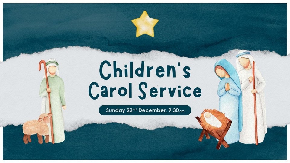 Children's Carol Service, Sunday 22nd December at 9:30am - to the right a picture of Mary and Joseph looking down at Jesus in a manger, to the left a shepherd with a crook and lamb