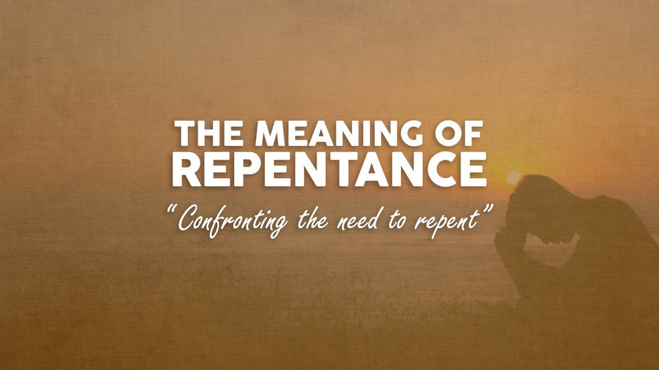 The Meaning of Repentance: Confronting the need to repent - the sillouette of an apparently young man bows his head in an attitude of prayer with a lake or sea in the background against the setting sun