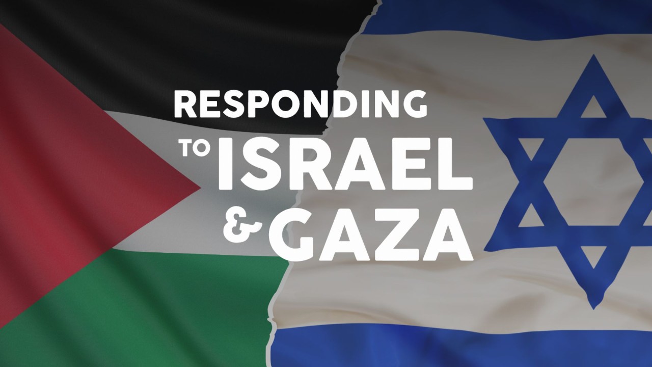 Sermon series: Responding to Israel and Gaza - background shows a Palestinian flag on the left and an Israeli flag on the right.