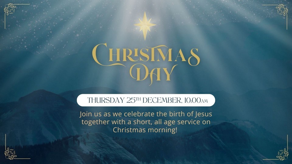 Christmas Day - golden lettering against a midnight background which on closer inspection reveals a mountainous landscape and a starry sky; in the centre a single star shines brightly. 