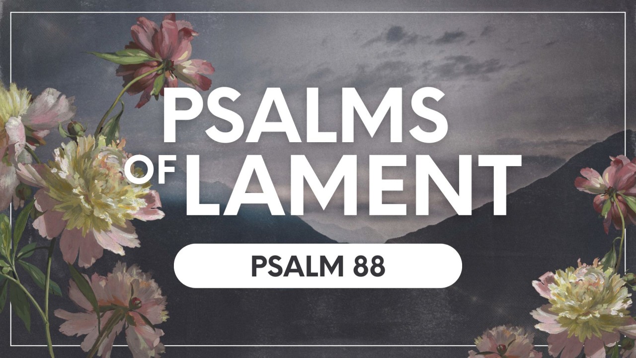 Psalms of Lament - Psalm 84 - with flowers on either side and a sombre background showing a darkened mountainous landscape under grey skies