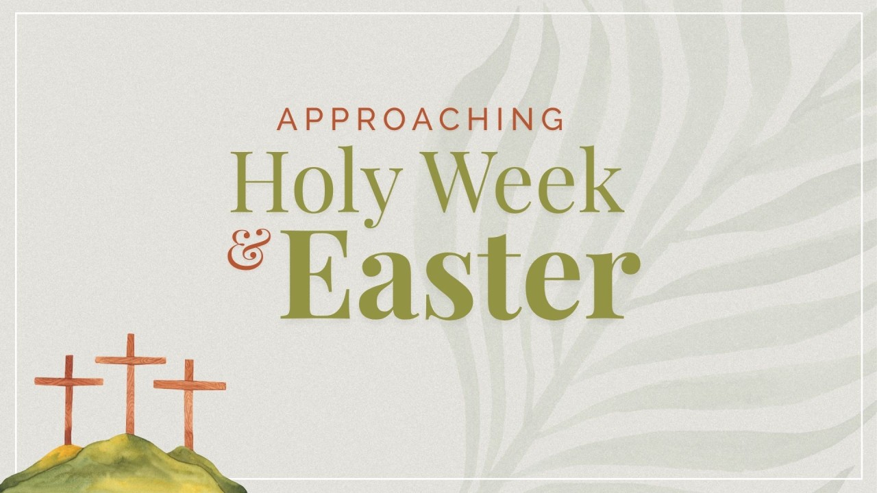 Approaching Holy Week and Easter - a green hill with three crosses, with a palm leaf forming part of the background pattern