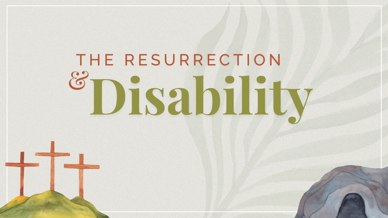 The Resurrection and Disability - a palm leaf forms the background, a green hill with three crosses on the left, the empty tomb on the right