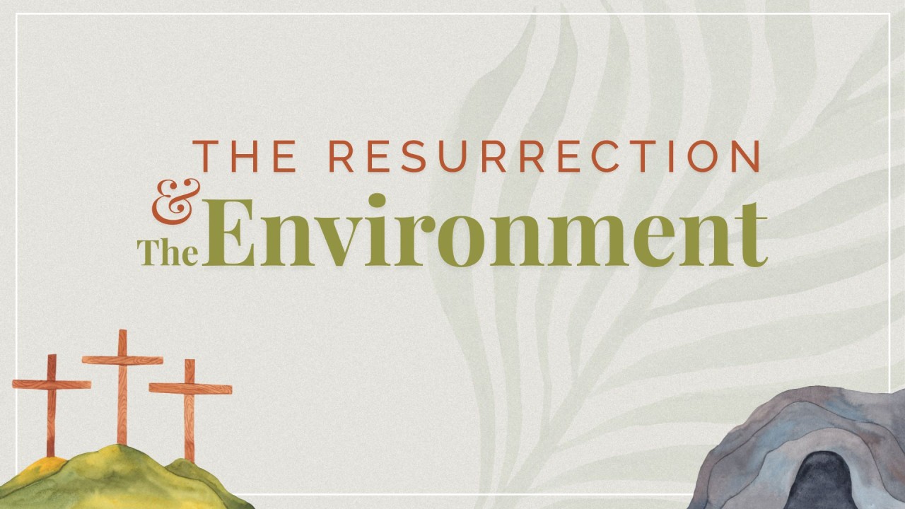The Resurrection and the Environment - a palm leaf forms the background, a green hill with three crosses on the left, the empty tomb on the right
