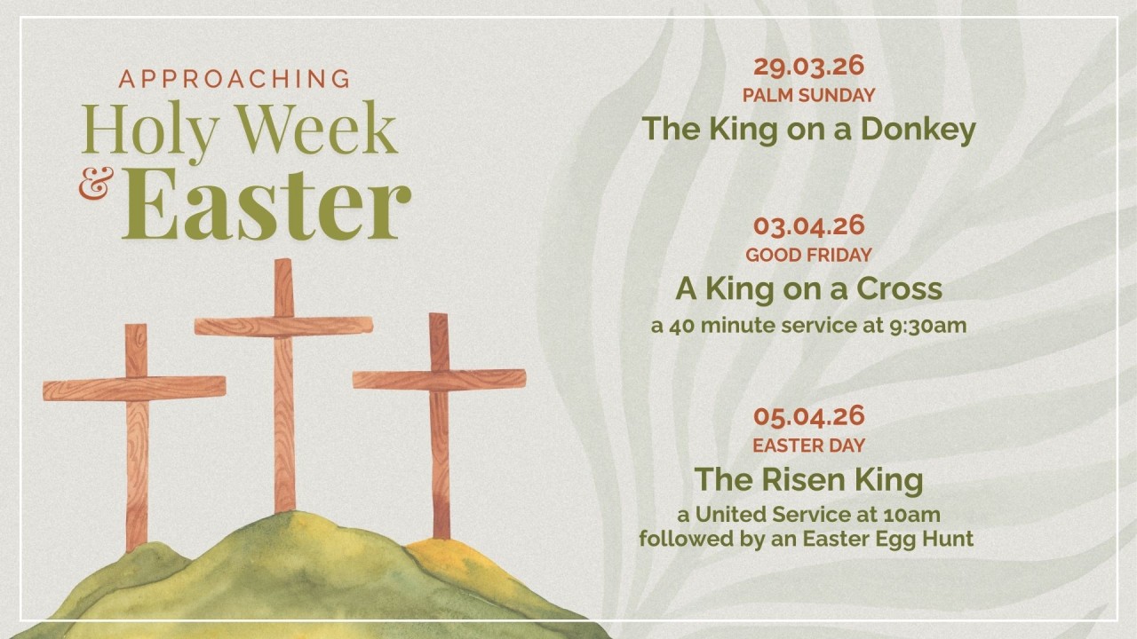 Approaching Holy Week and Easter - a green hill with three crosses, with a palm leaf forming part of the background pattern