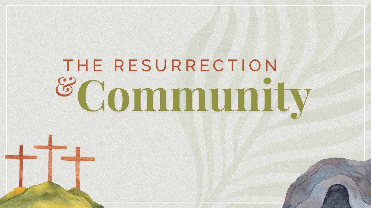 The Resurrection and Community - a palm leaf forms the background, a green hill with three crosses on the left, the empty tomb on the right