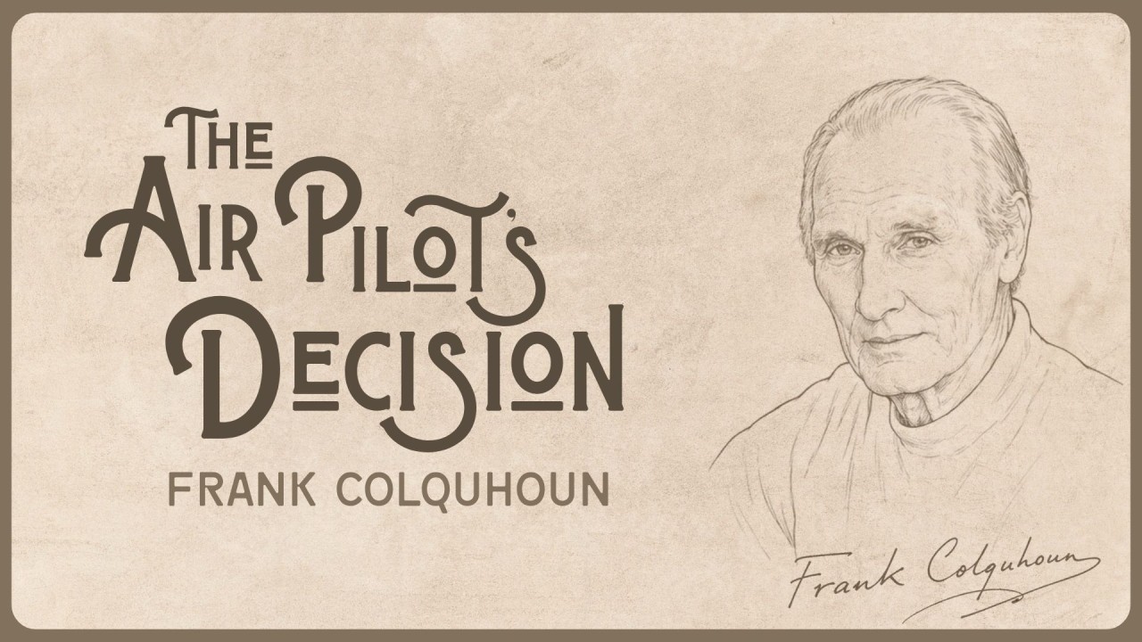 The Air Pilot's Decision by Frank Colquhoun - against a sepia background accompanied by pencil drawing of the author
