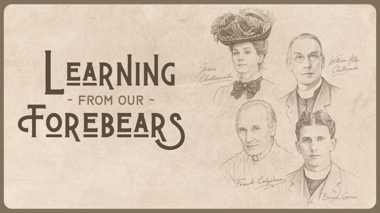 Learning from our Forebears - Title against a sepia background accompanied by pencil drawings of the authors - Jessie Challacombe, Allen Challacombe, Bryan Green and Frank Colquhoun
